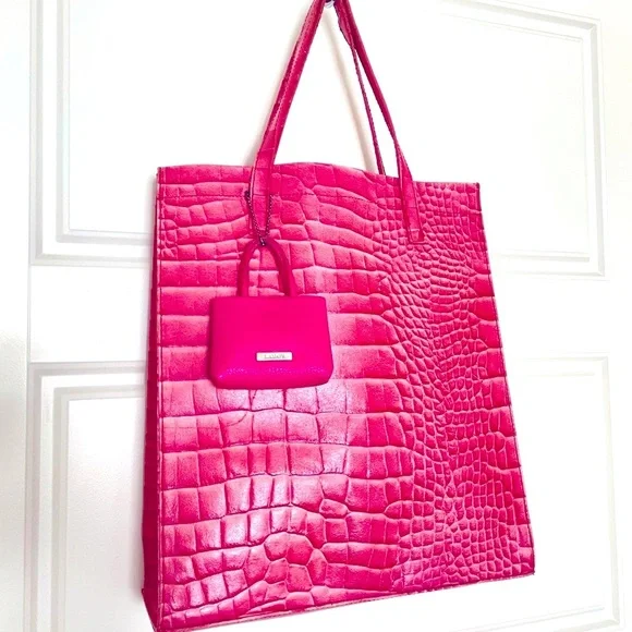 PINK CROCO EMBOSSED VINYL SHOULDER TOTE BAG HANDBAG - Picture 1 of 16